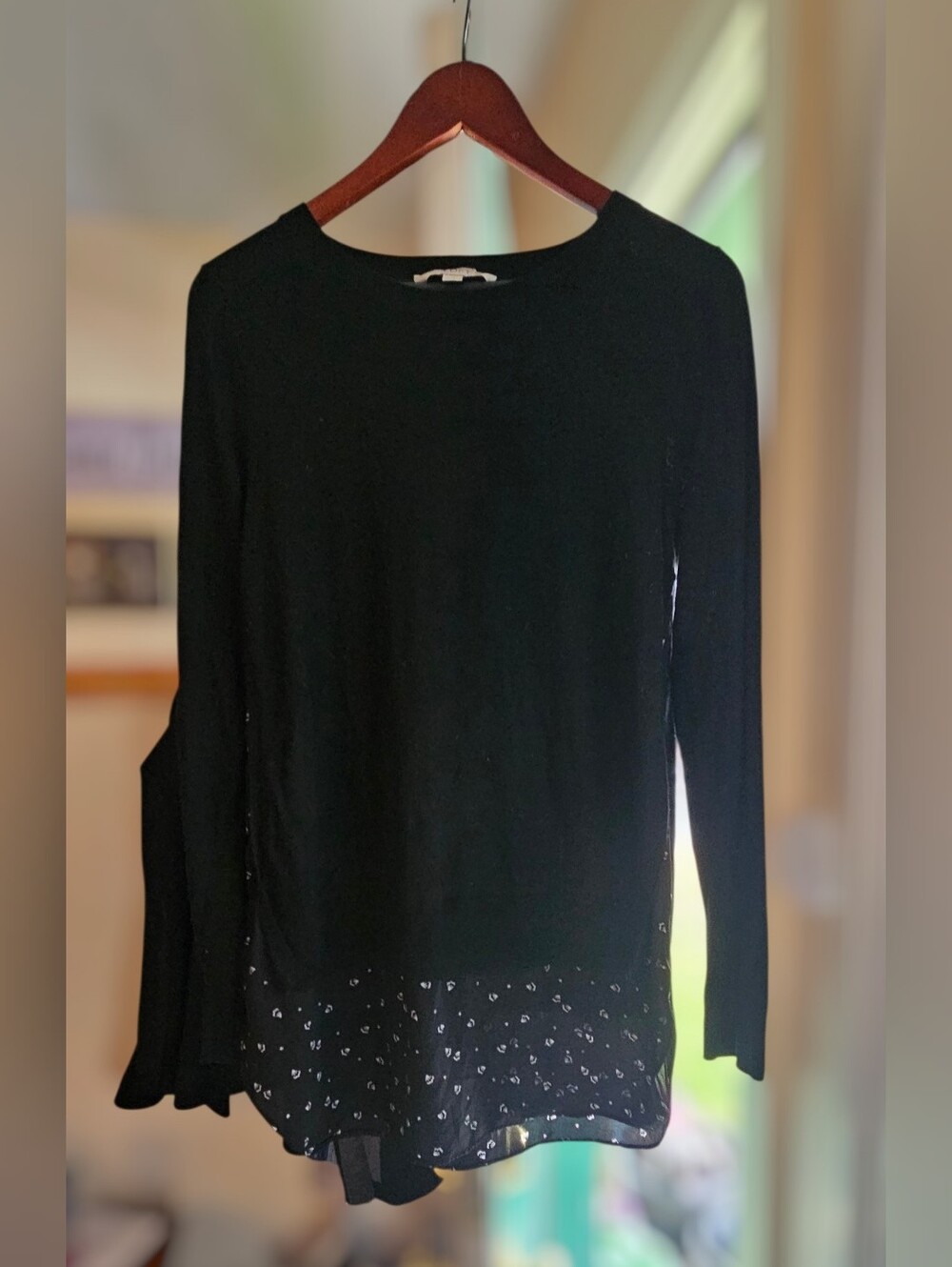 LOFT Black Long-Sleeve Top with Patterned Sheer Hem